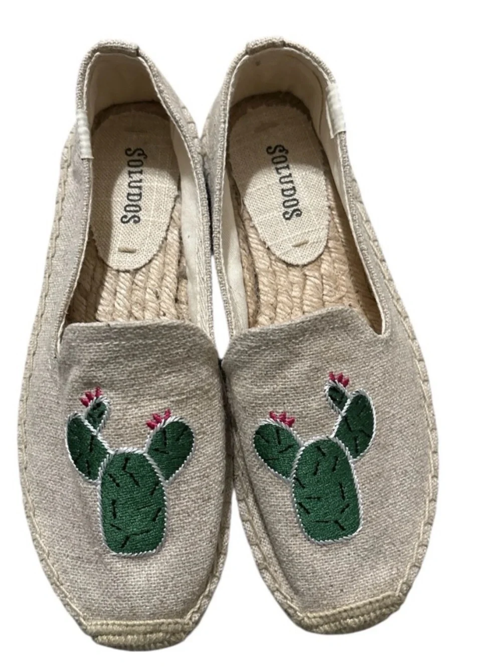 Soludos Natural Espadrille Slip-Ons with Green Cactus Embroidery